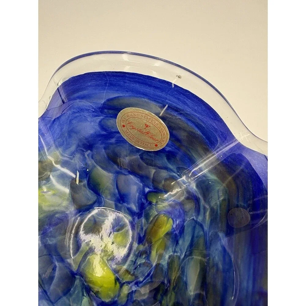 Murano Style Hand Blown Blue Green Swirl Art Glass Bowl Vtg Crystal Clear Italy